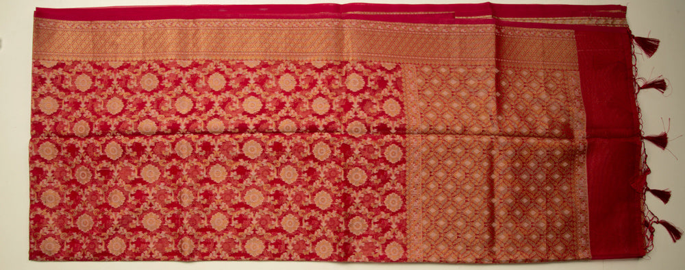 Paprika Red Pure Tissue Gold Saree With Floral Pattern Gold Border