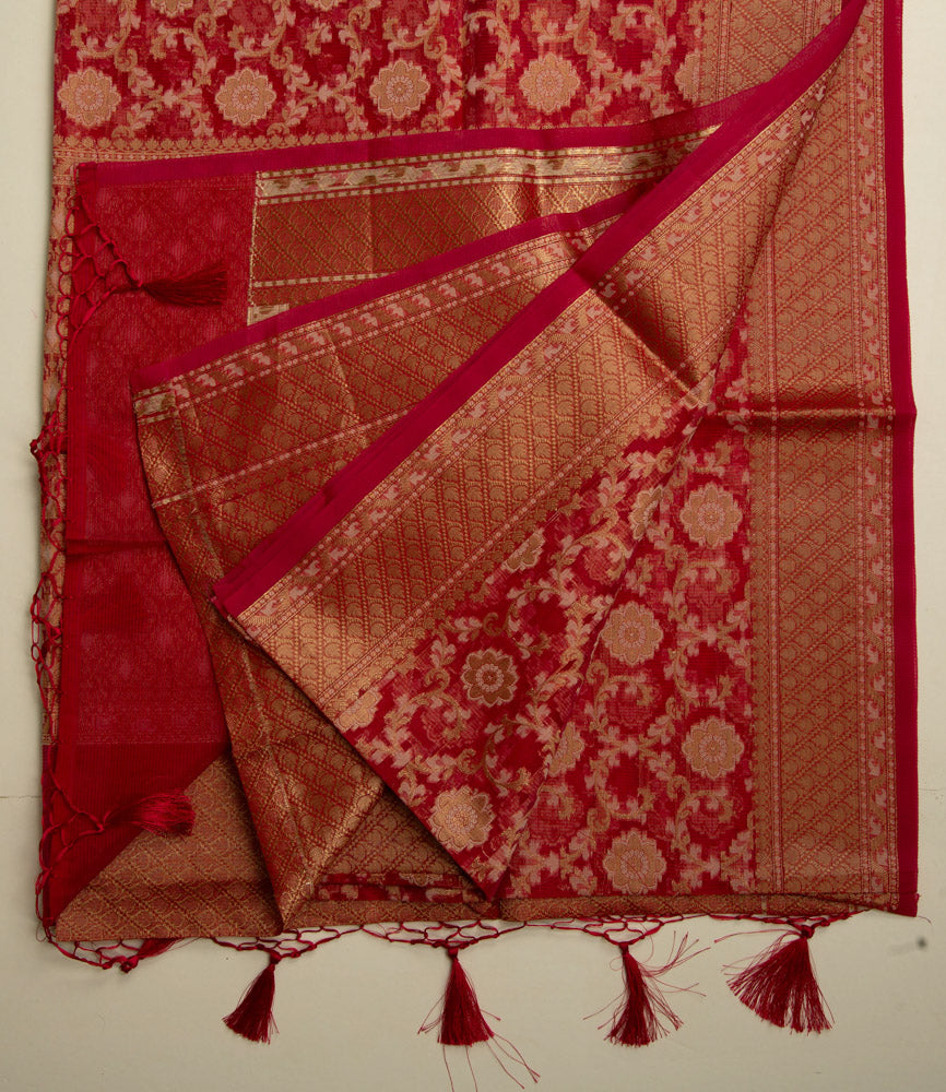 Paprika Red Pure Tissue Gold Saree With Floral Pattern Gold Border