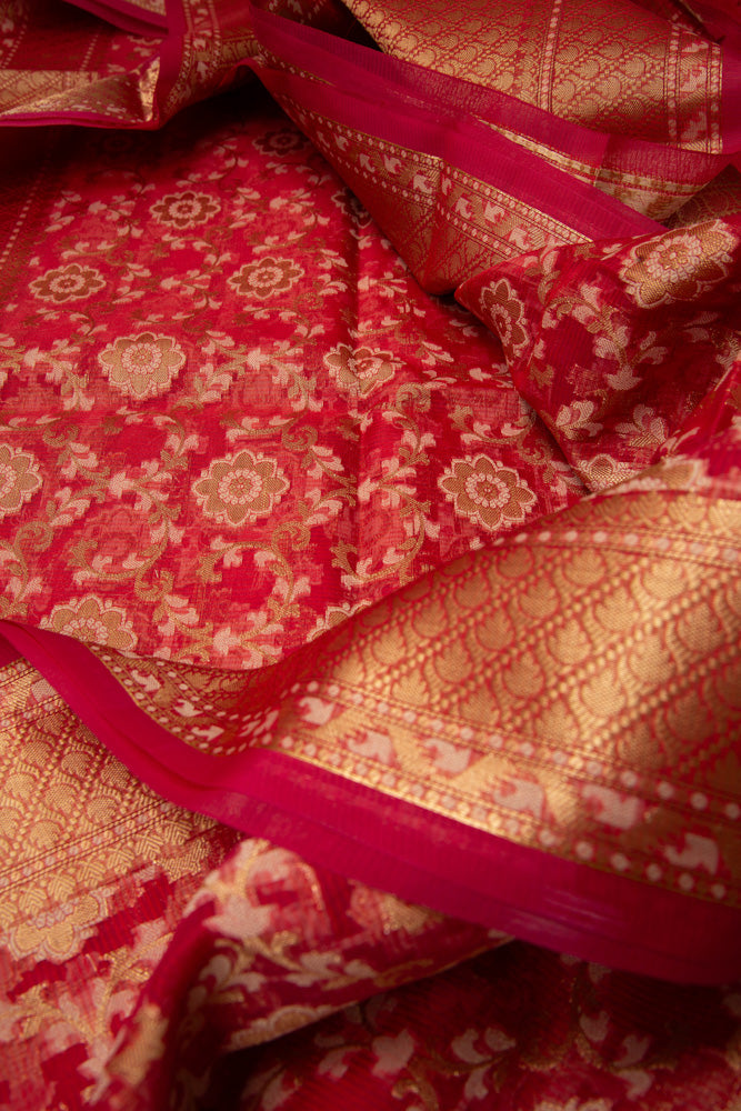 Paprika Red Pure Tissue Gold Saree With Floral Pattern Gold Border