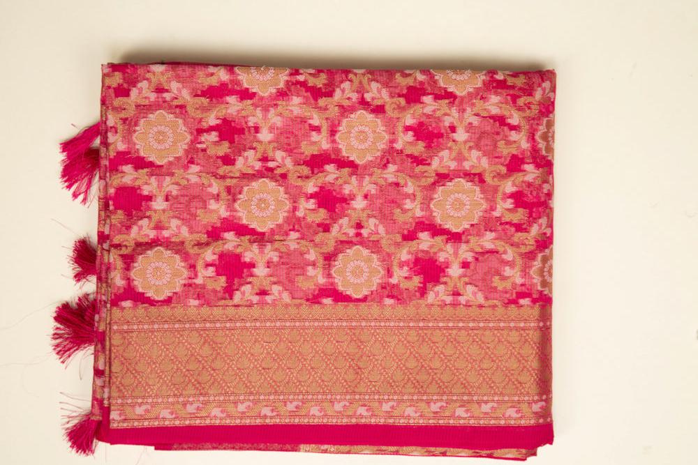 Ruby Pink Pure Tissue Gold Saree With Floral Pattern Gold Border