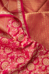 Ruby Pink Pure Tissue Gold Saree With Floral Pattern Gold Border