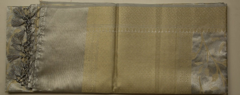 Pale Silver Tissue Gold Saree With Champagne Gold Pallu