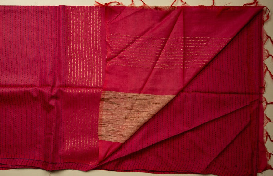 Crimson Red Saree With Black and Red Thread Work