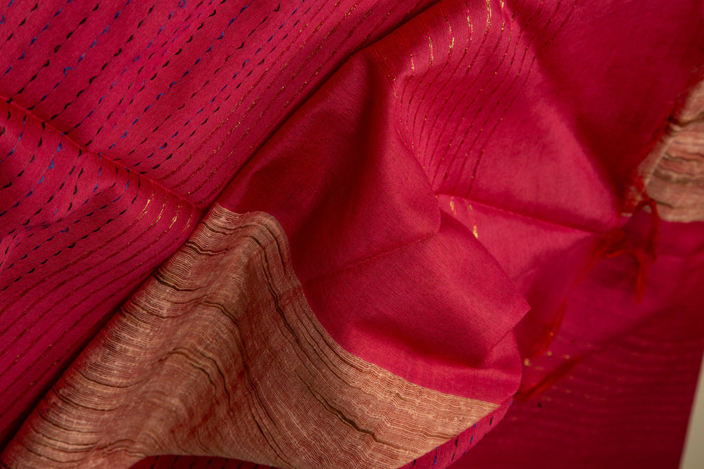 Crimson Red Saree With Black and Red Thread Work