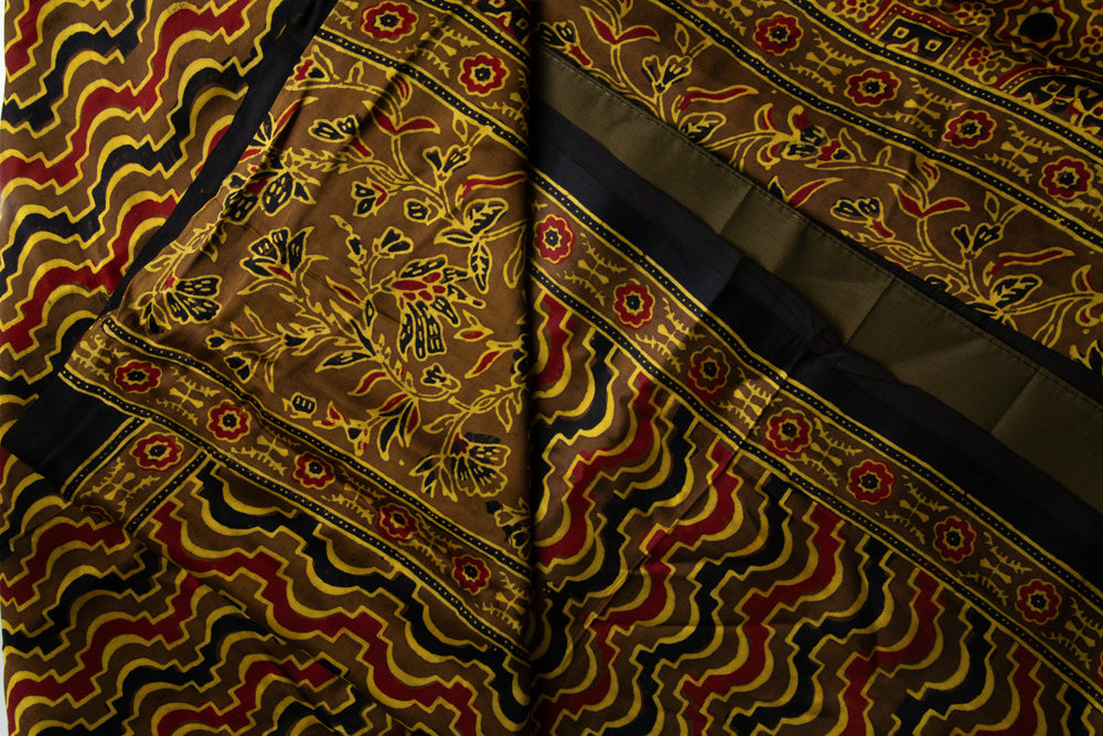 Bronze Modal silk saree with Red and Black Print