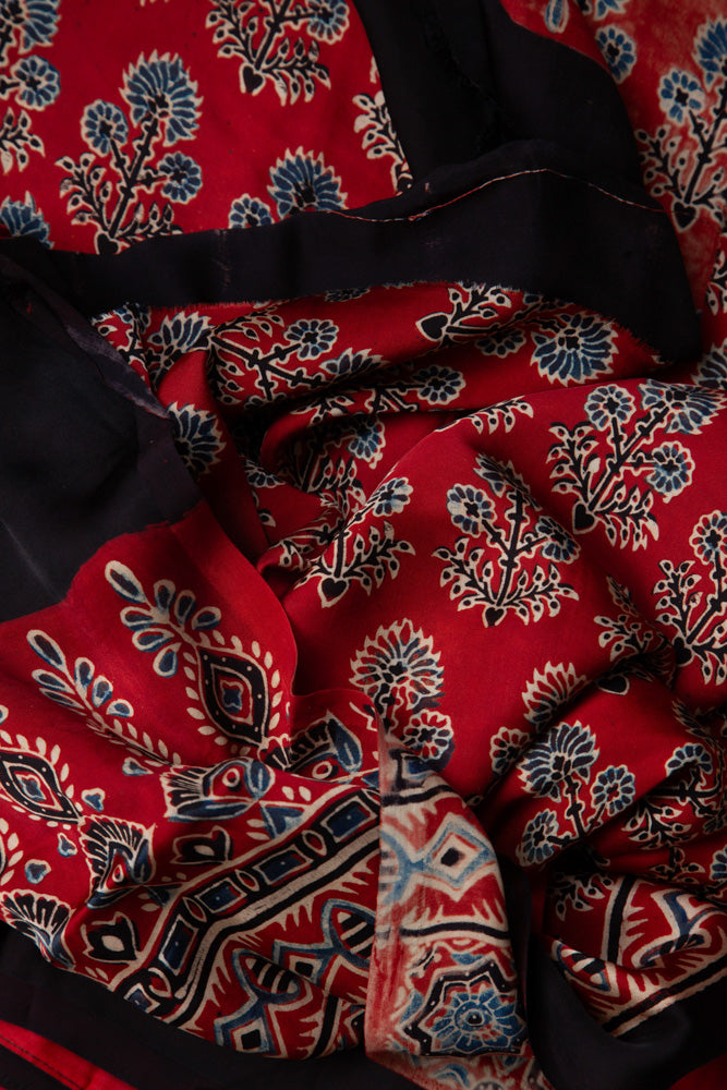 Deep Red Modal silk saree with Blue Floral Print