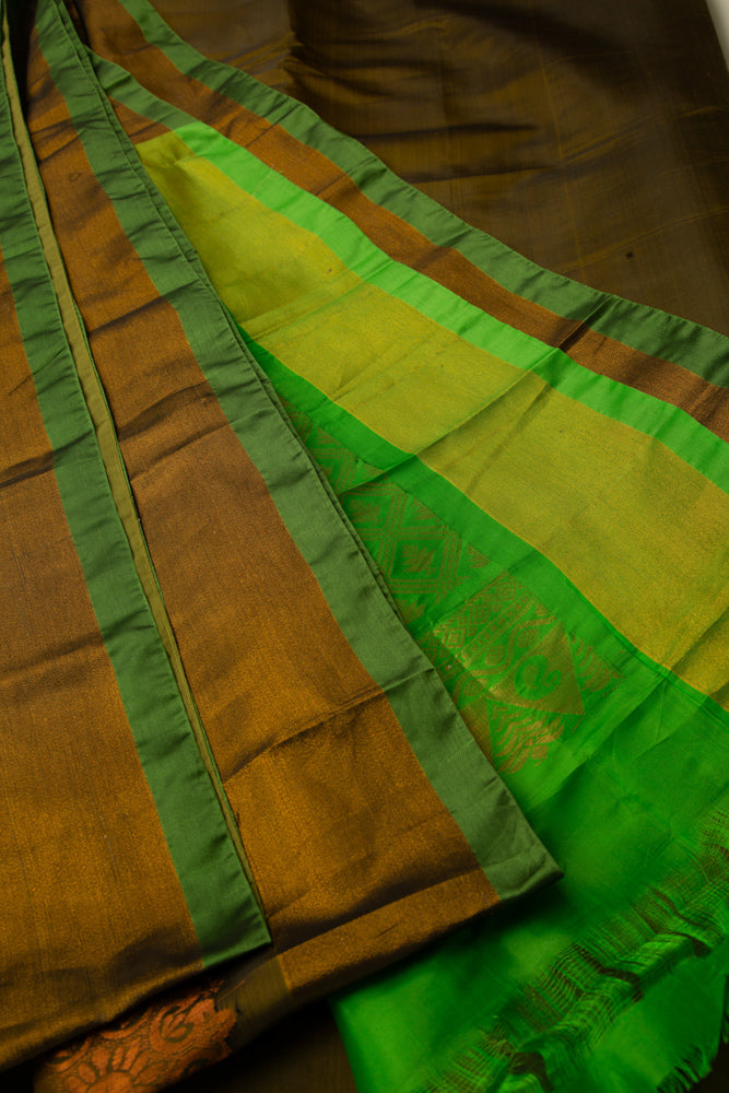 Parrot green with Bronze Semi-Silk Saree with stitched Blouse