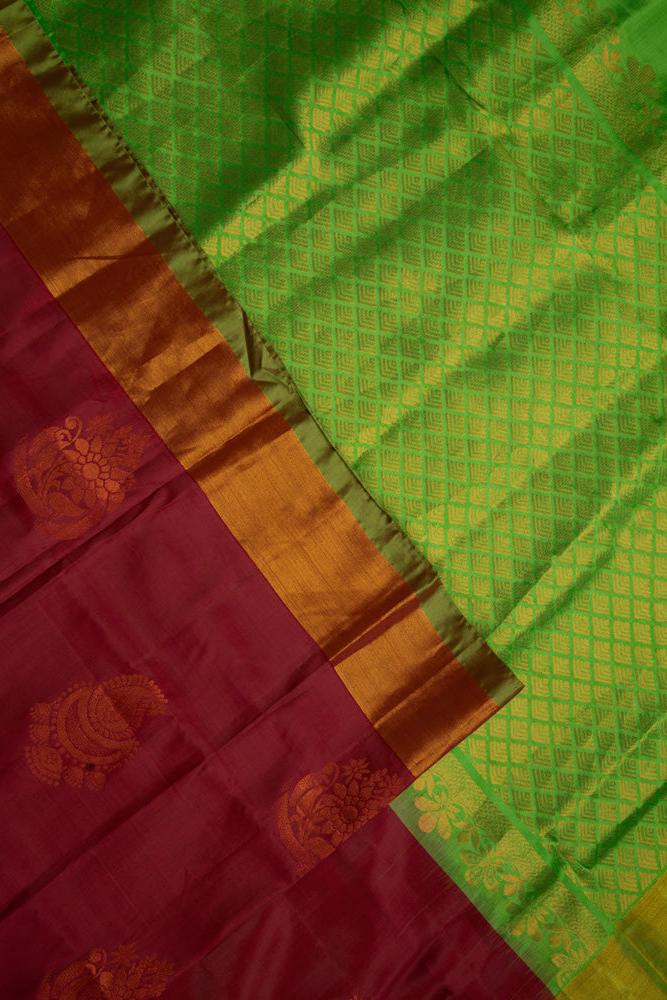 Maroon Soft Silk with Green Pallu & Stitched Blouse