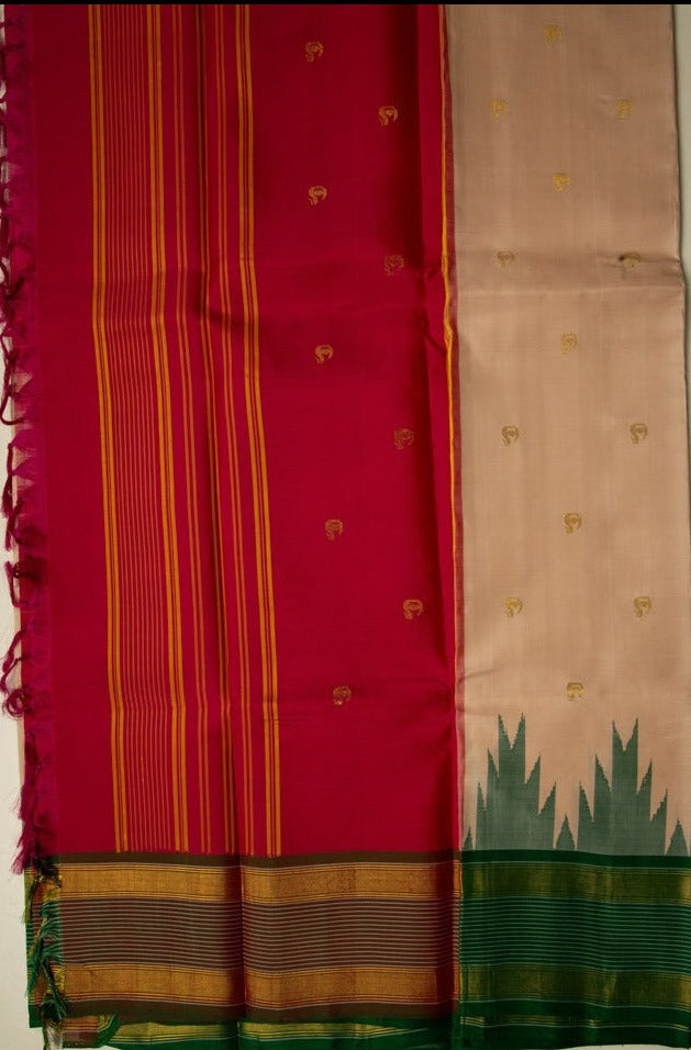 Beige Kanjivaram Saree with Red & Dark Green Border