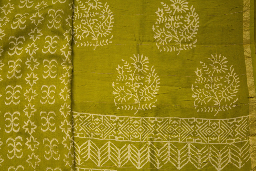 Moss Green Chanderi Saree With Pure Vanspati Print