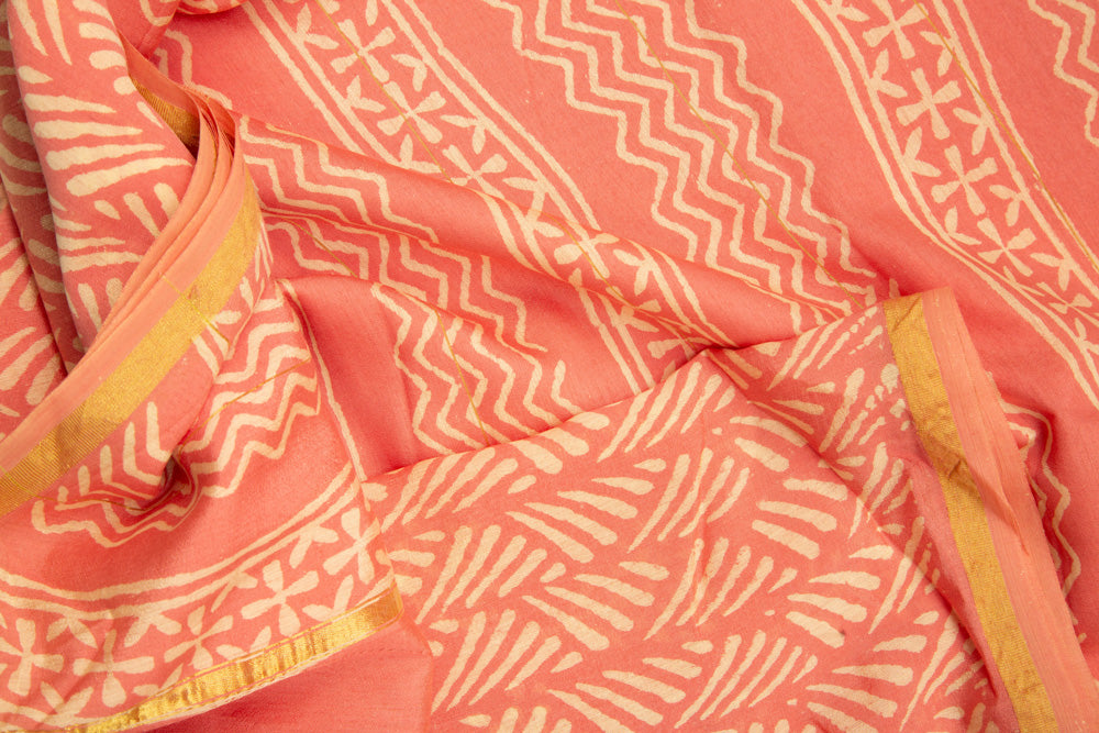 Peach Chanderi Vanspati Print Saree with Gold Border