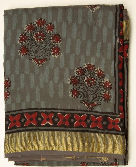 Cement Grey Chanderi Temple Print Saree With Golden Border