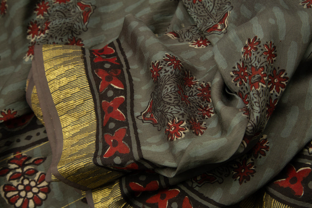 Cement Grey Chanderi Temple Print Saree With Golden Border