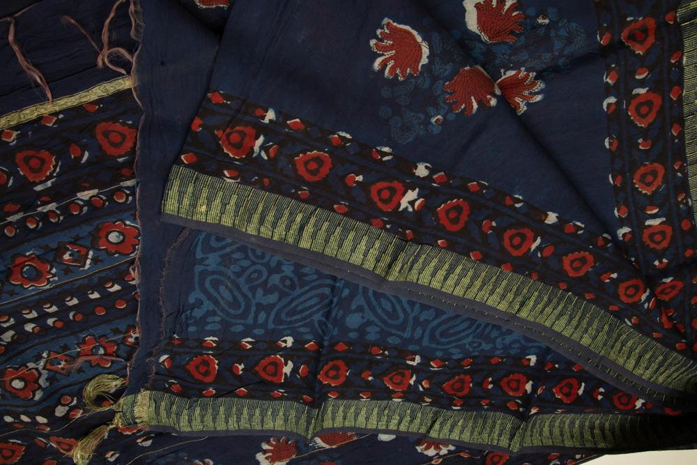 Navy Blue Chanderi Temple Print Saree With Golden Border