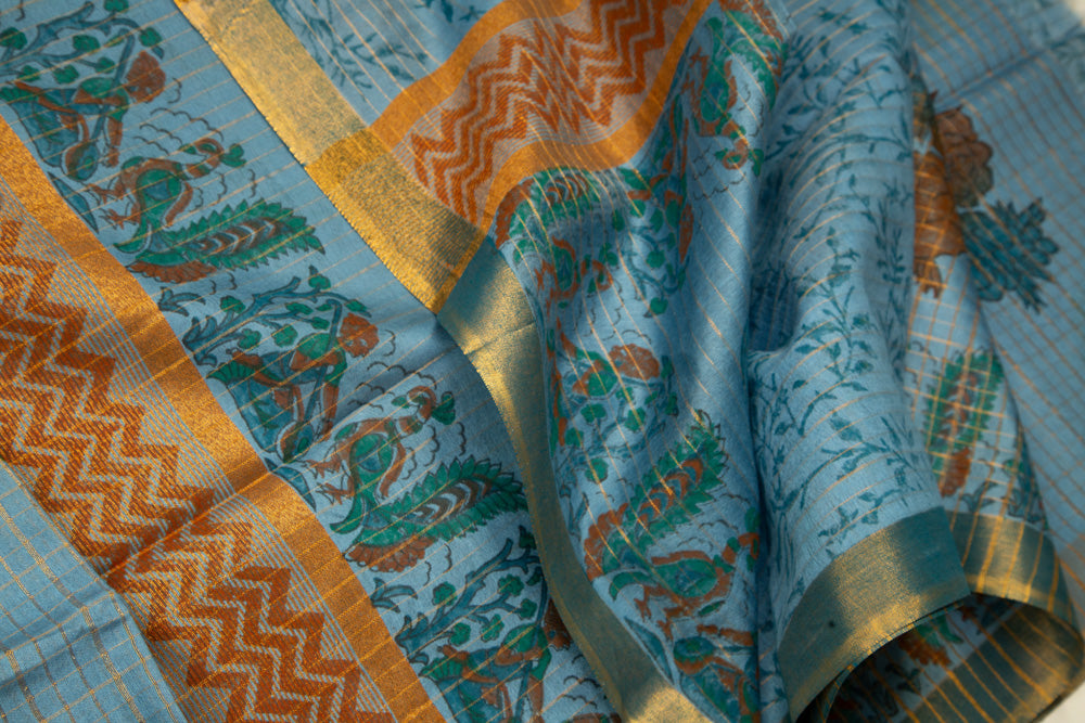 Marble Blue Semi Tussar Saree With floral motifs