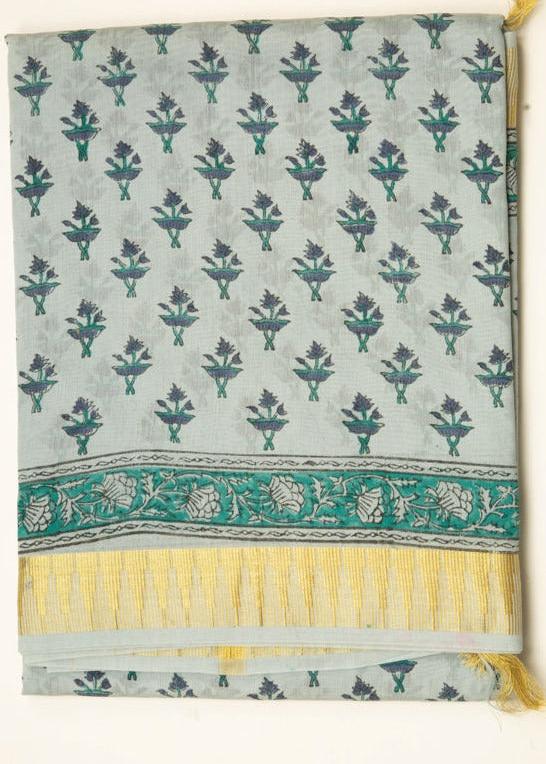 Pale Sky Blue Chanderi Temple Print Saree With Gold Border