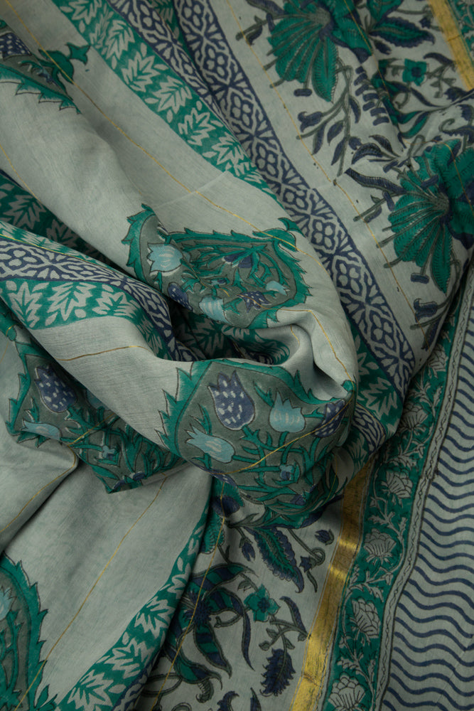 Pale Sky Blue Chanderi Temple Print Saree With Gold Border