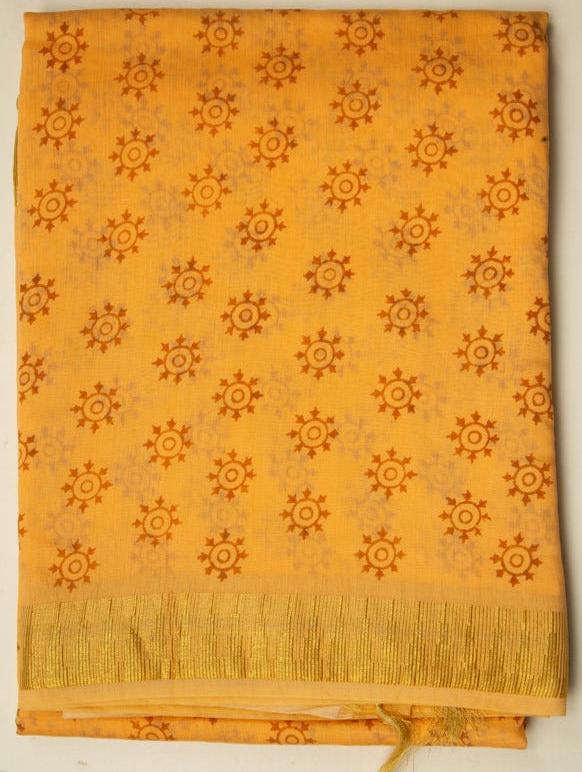 Yellow Chanderi Temple Print Saree With Gold Border