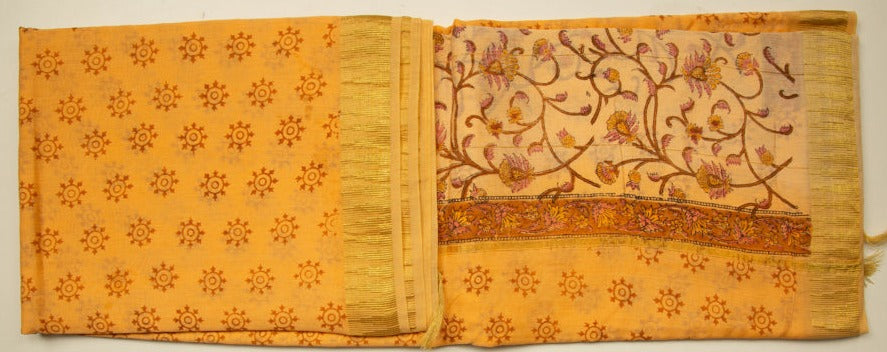 Yellow Chanderi Temple Print Saree With Gold Border