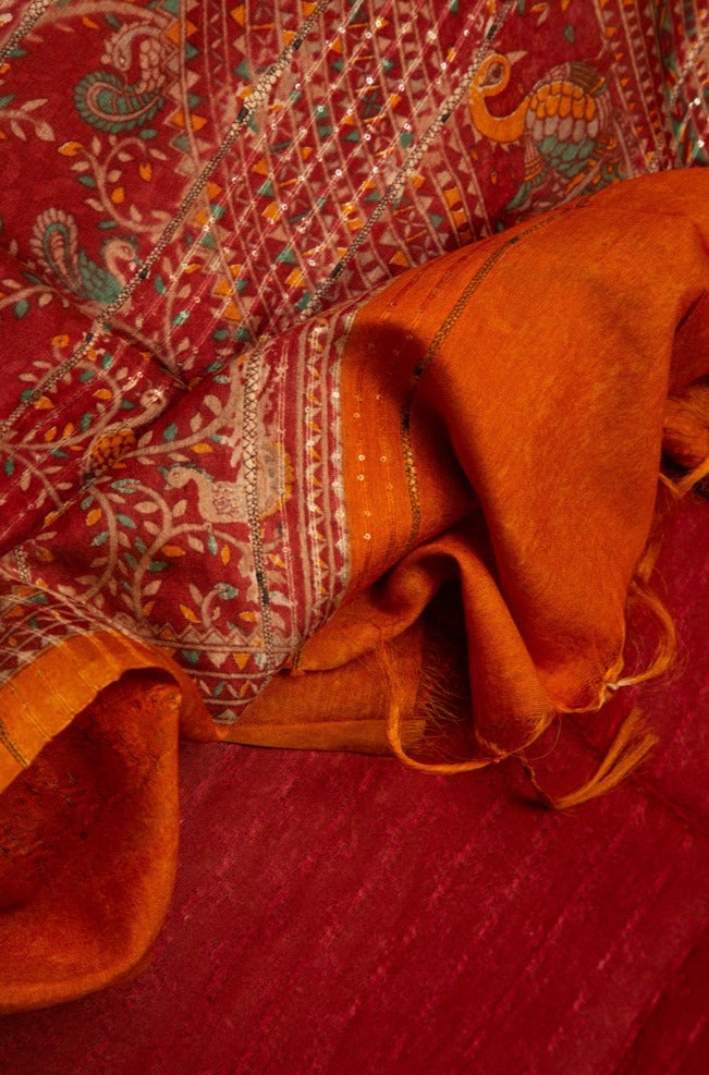 Rust Red Semi Tussar Saree With and Sequin pallu - MIRASILKS Rust Red Semi Tussar Saree With and Sequin pallu 