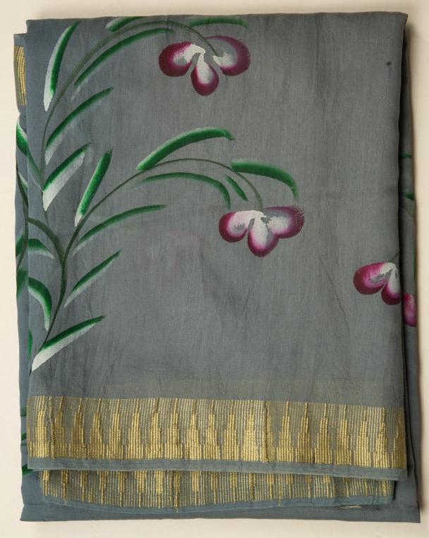 Stone Grey Chanderi Hand Print Saree With Stitched Blouse