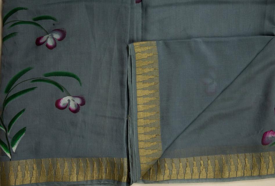 Stone Grey Chanderi Hand Print Saree With Stitched Blouse