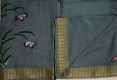 Stone Grey Chanderi Hand Print Saree With Stitched Blouse