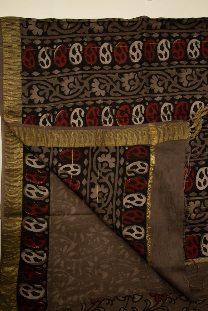 Gray Chanderi Temple Print Saree