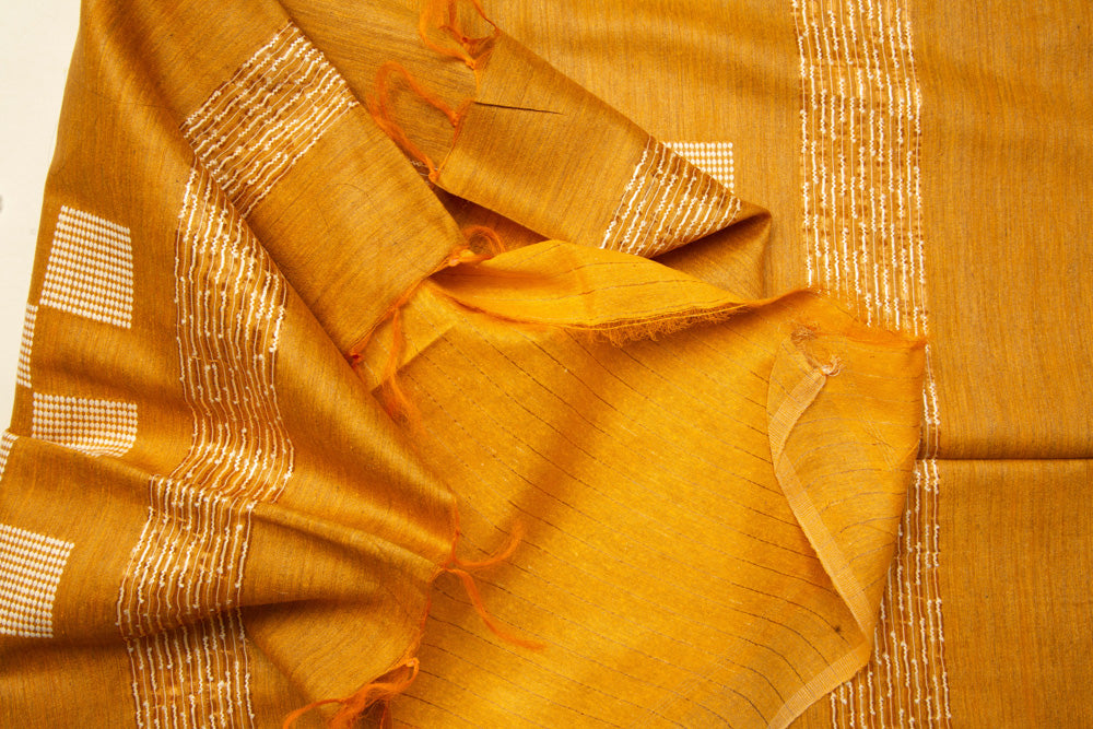 Mustard Yellow Chanderi Dupion Weaving Print Saree