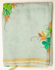 Mist Green Chanderi Hand Print Saree With Floral Pattern