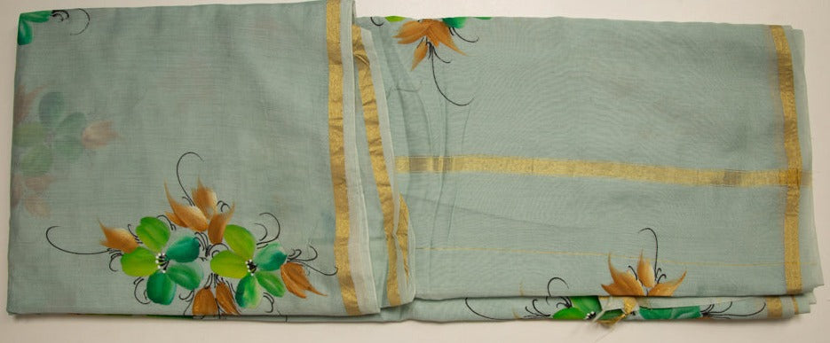 Mist Green Chanderi Hand Print Saree With Floral Pattern