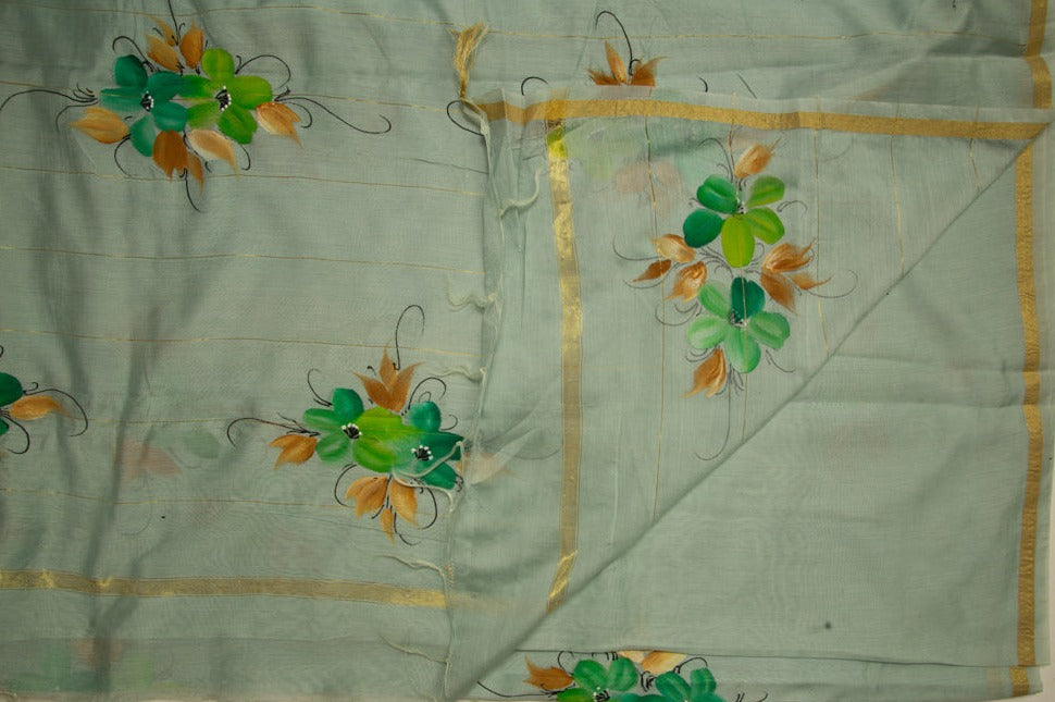 Mist Green Chanderi Hand Print Saree With Floral Pattern