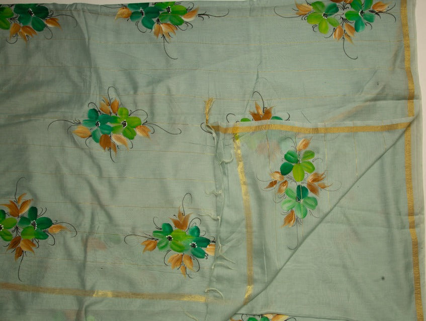 Mist Green Chanderi Hand Print Saree With Floral Pattern