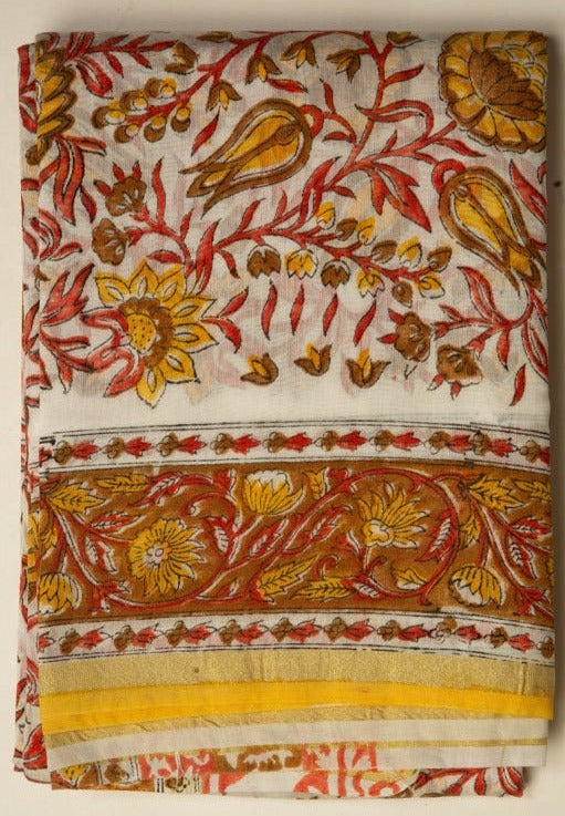 White Chanderi Vanspathi Saree with Orange Floral Print