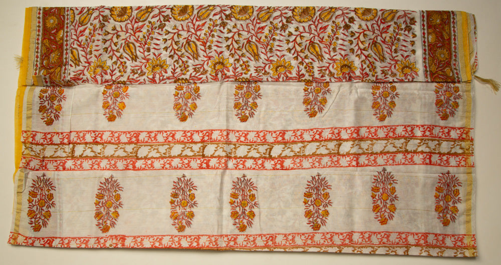 White Chanderi Vanspathi Saree with Orange Floral Print