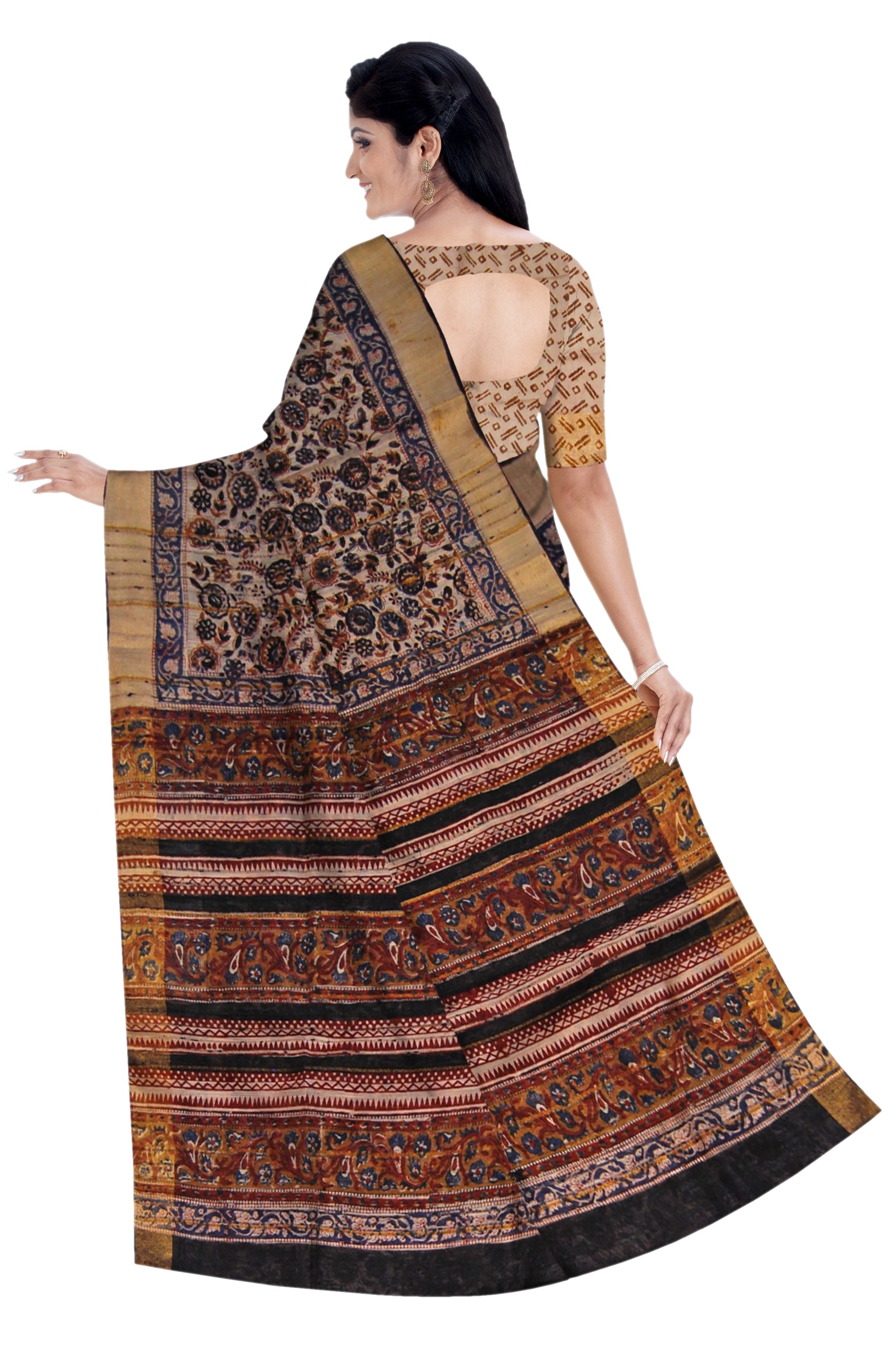 Sand Brown Kalamkari Saree with Black Floral Print and Golden Border