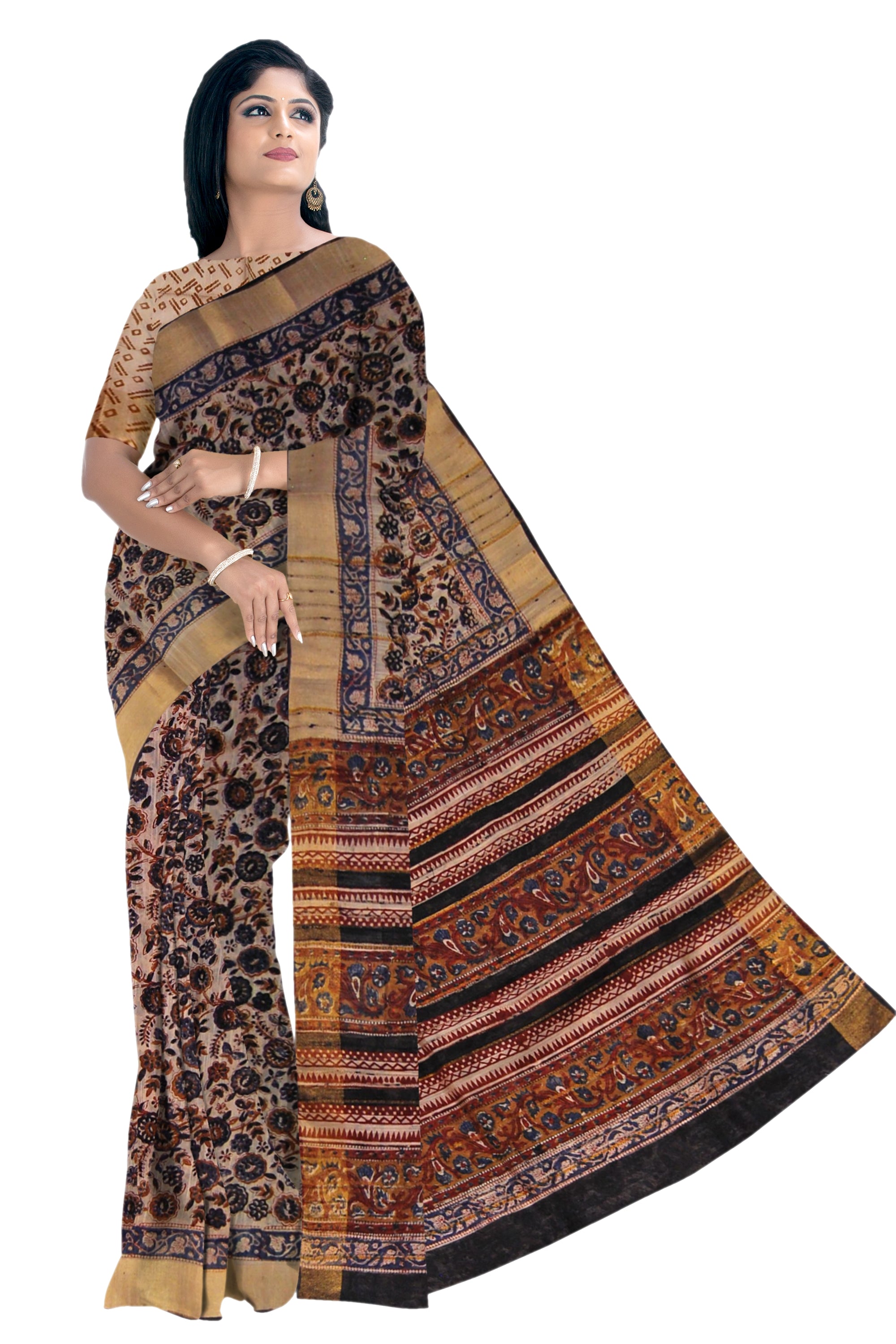 Sand Brown Kalamkari Saree with Black Floral Print and Golden Border