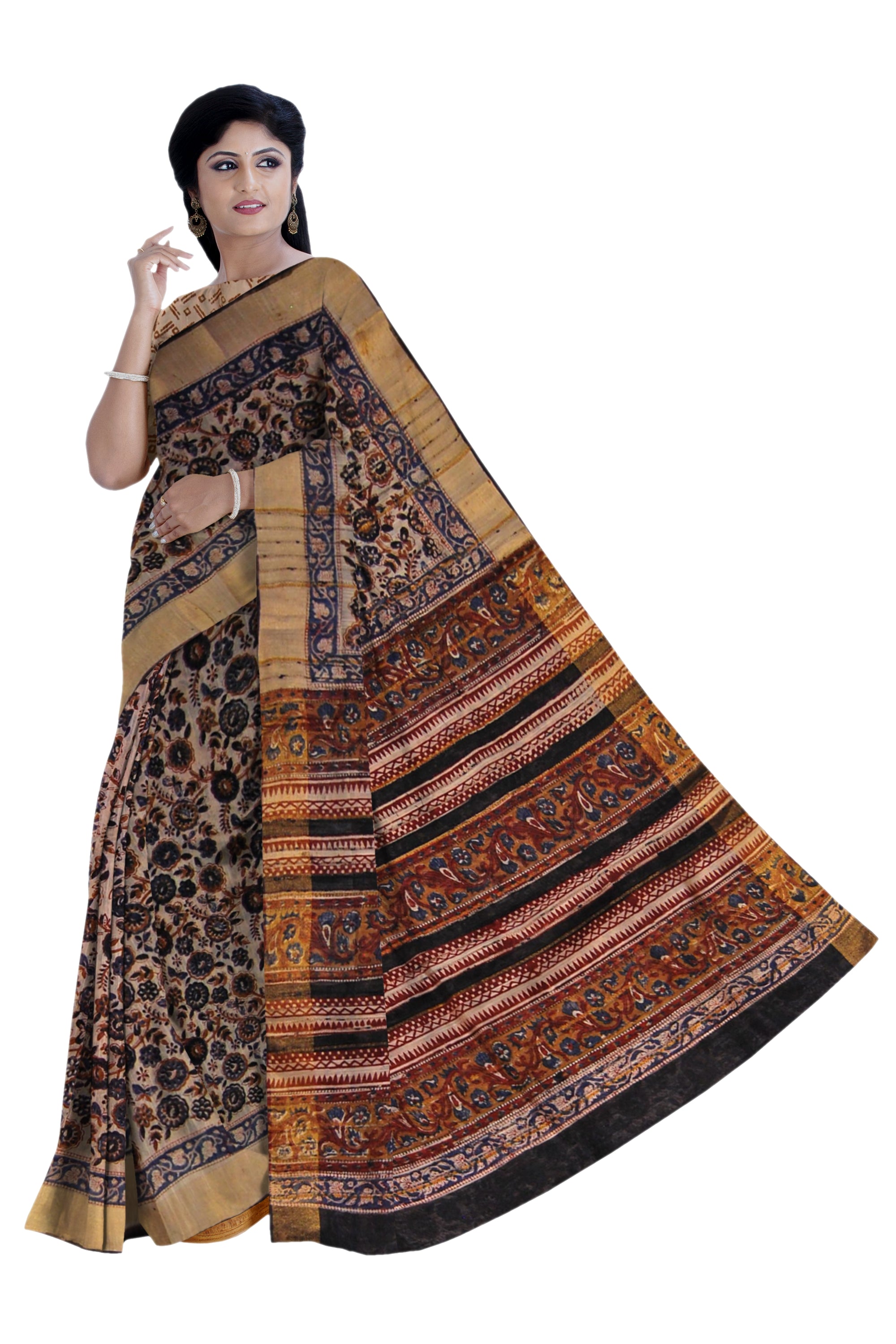 Sand Brown Kalamkari Saree with Black Floral Print and Golden Border