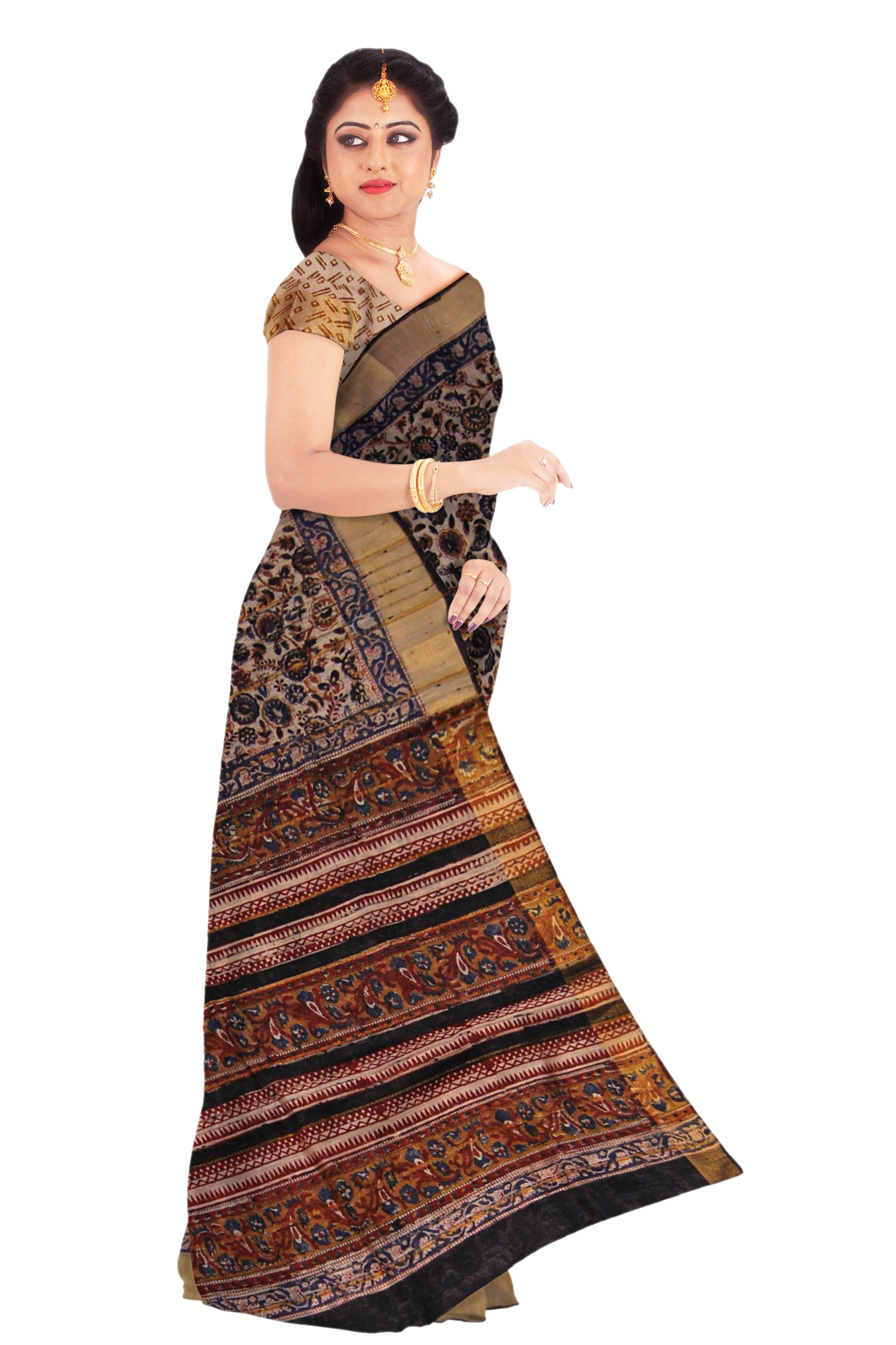 Sand Brown Kalamkari Saree with Black Floral Print and Golden Border