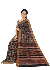 Sand Brown Kalamkari Saree with Black Floral Print and Golden Border