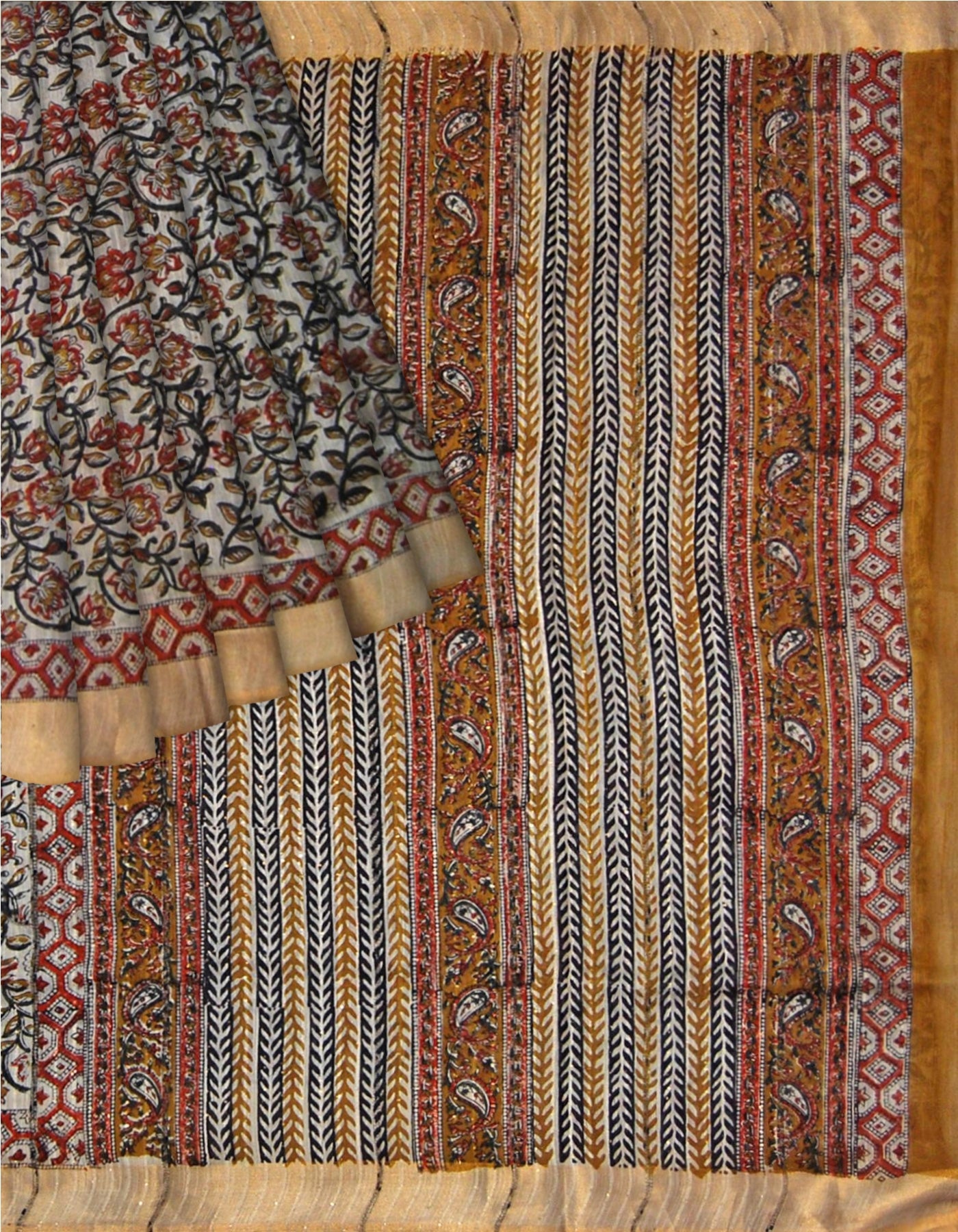 Off White Kalamkari Cotton Saree with Burnt Orange Floral Print