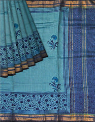 Blue Moonga Silk Saree with Golden Border and Floral Print