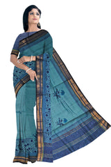 Blue Moonga Silk Saree with Golden Border and Floral Print