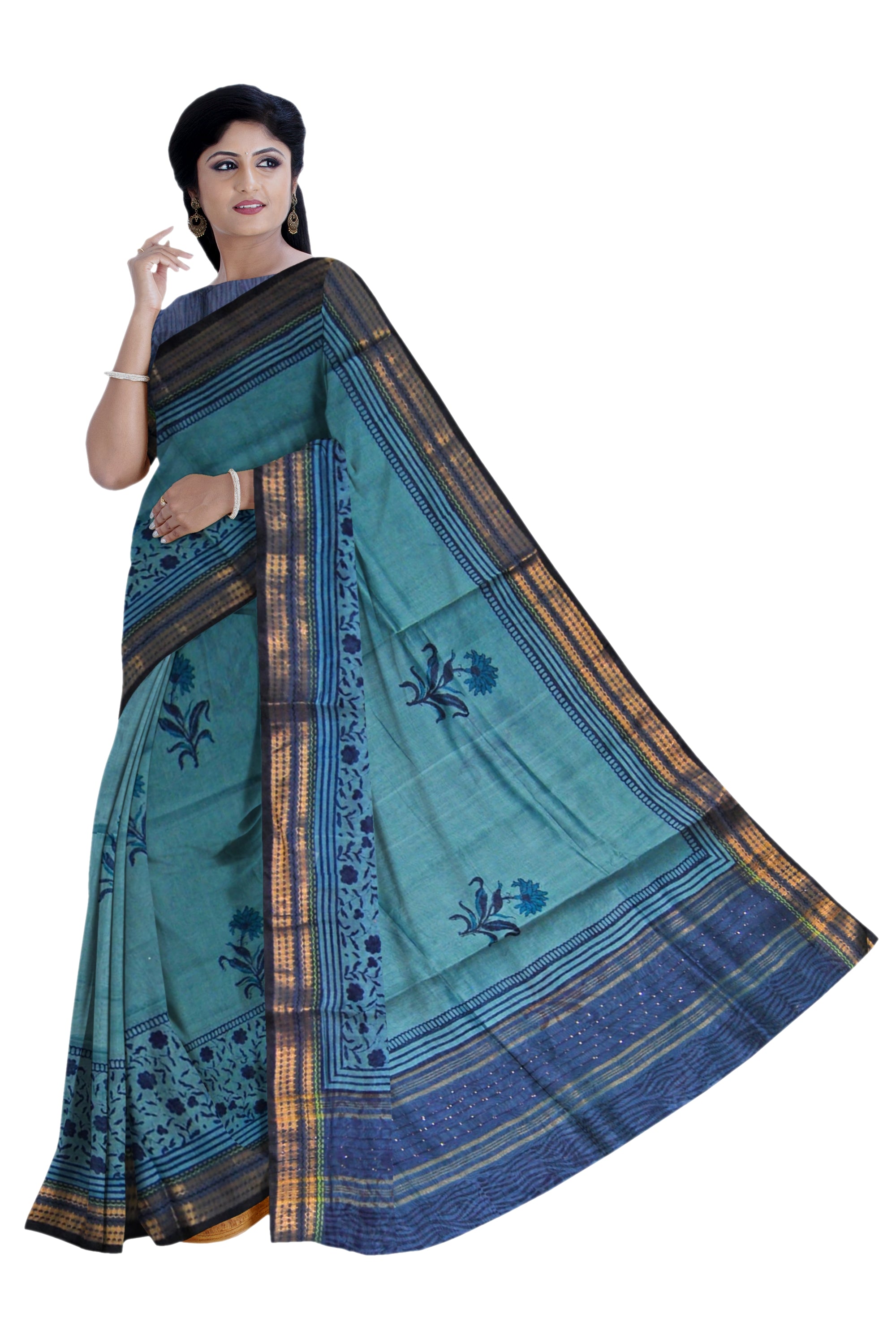 Blue Moonga Silk Saree with Golden Border and Floral Print