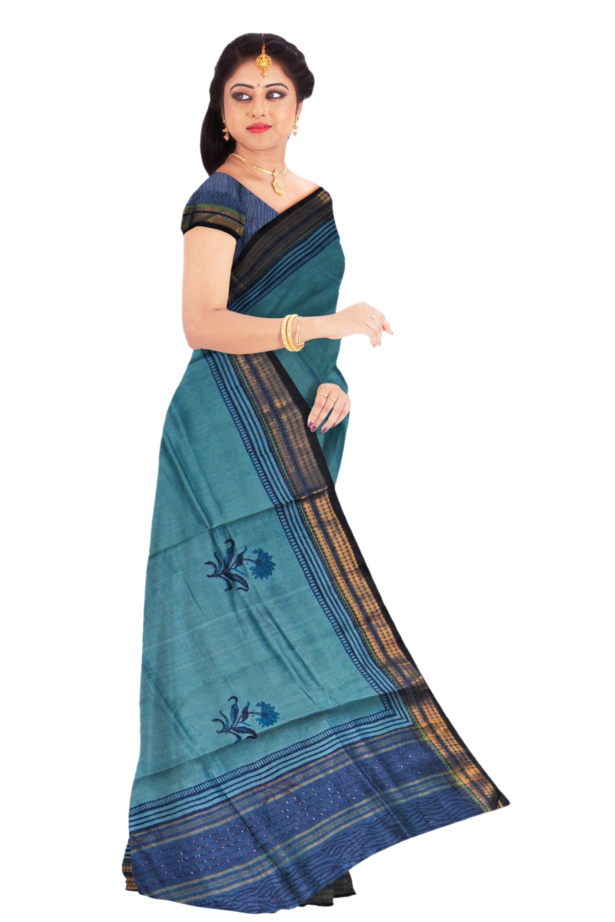 Blue Moonga Silk Saree with Golden Border and Floral Print