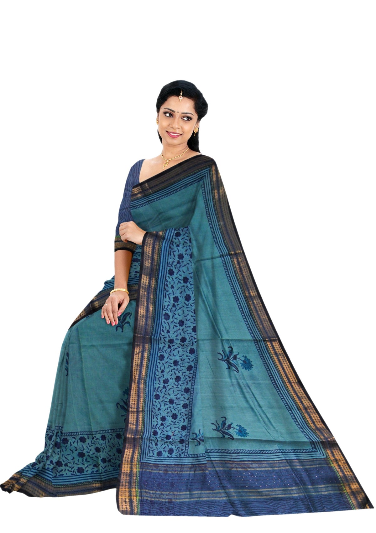 Blue Moonga Silk Saree with Golden Border and Floral Print