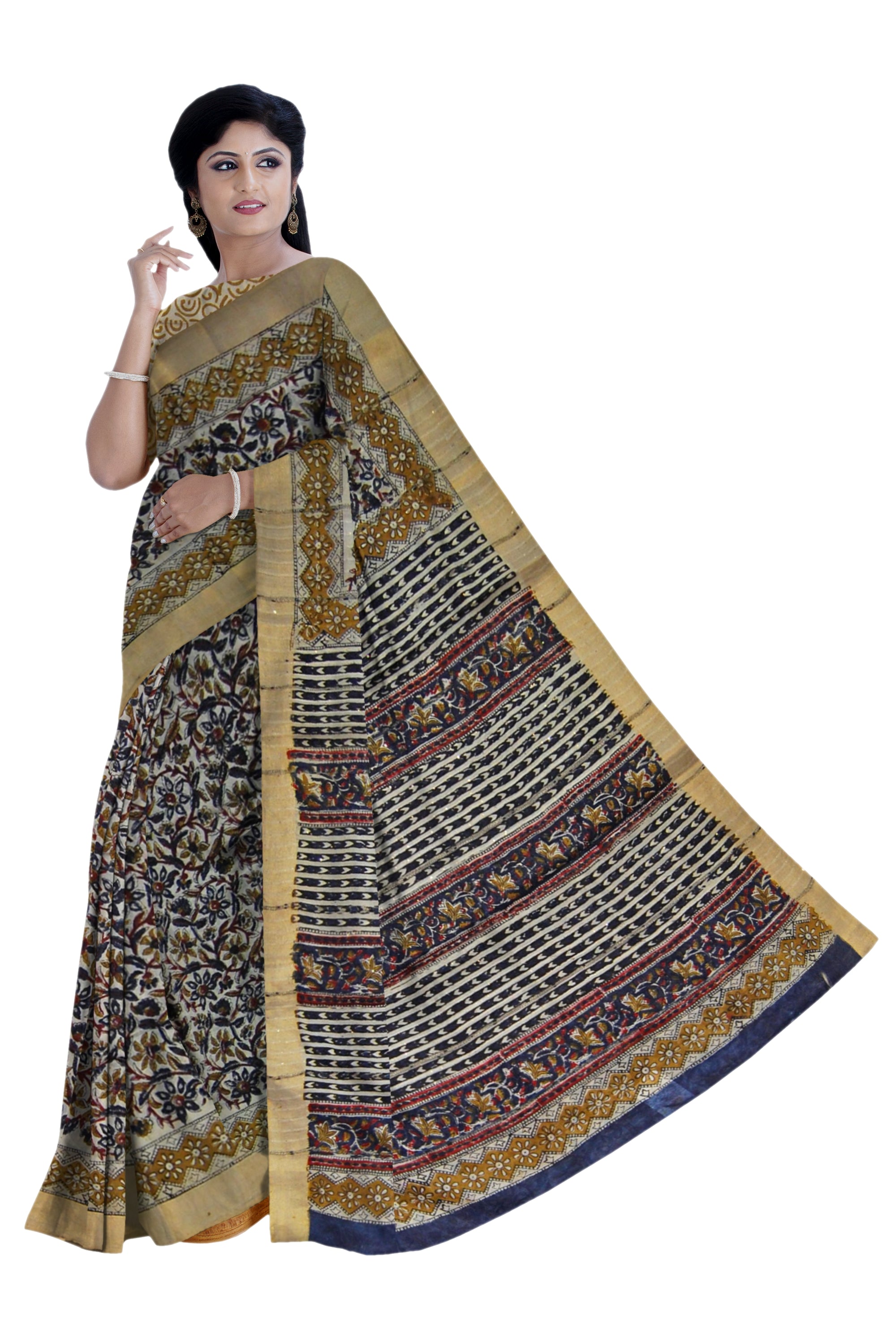 White Kalamkari Cotton Saree Multicolor Floral Print