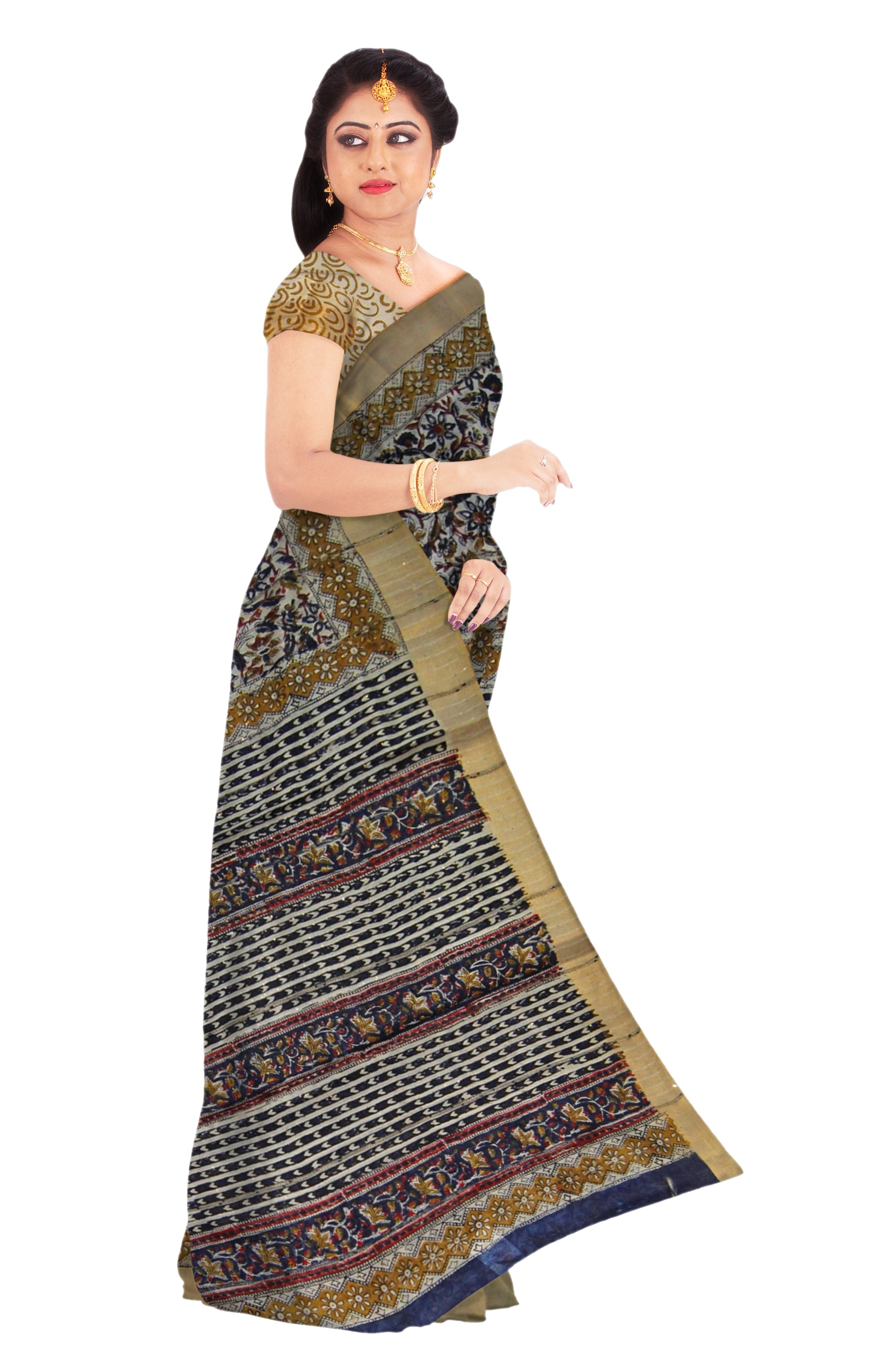 White Kalamkari Cotton Saree Multicolor Floral Print