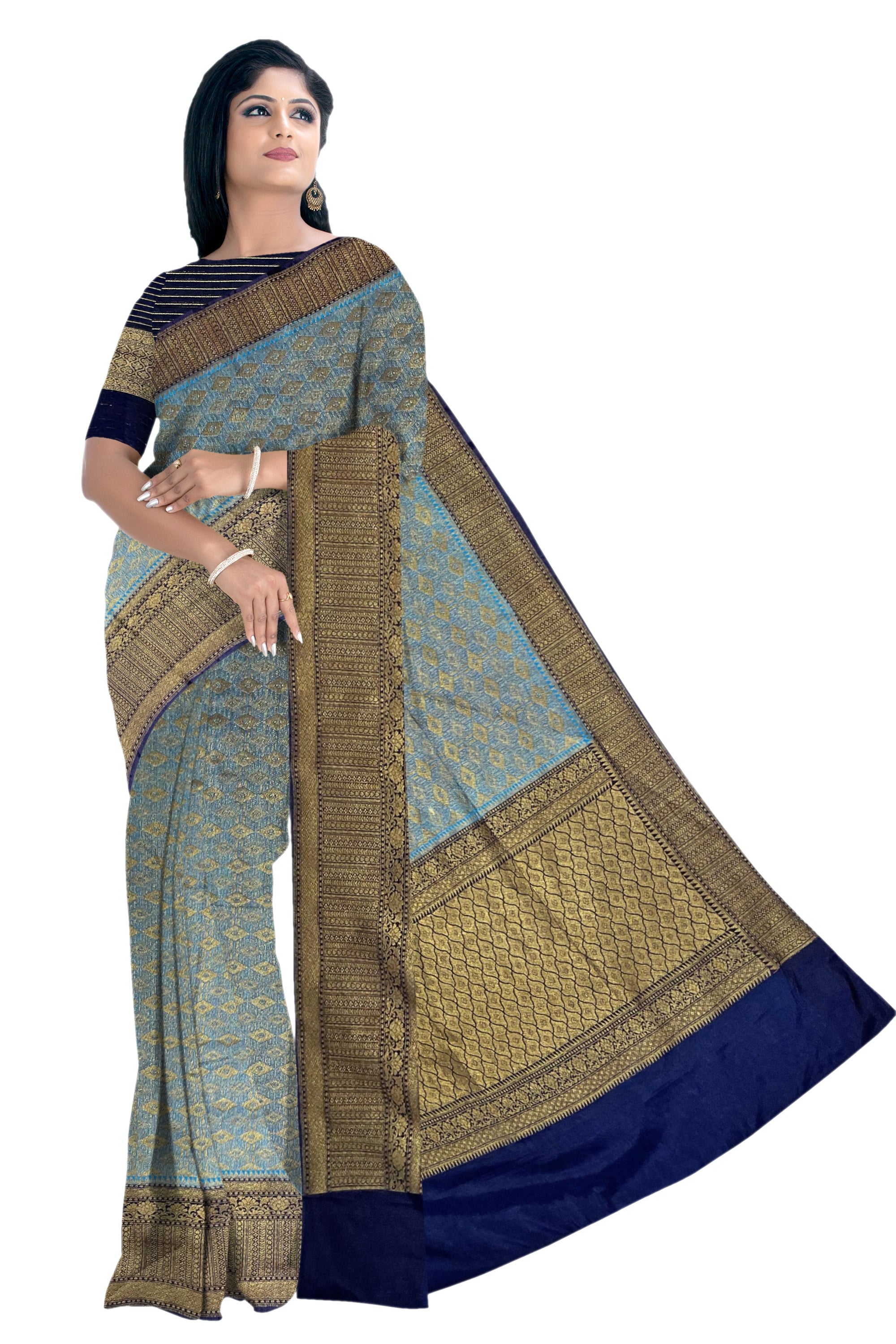 Blue semi tussar banaras sari