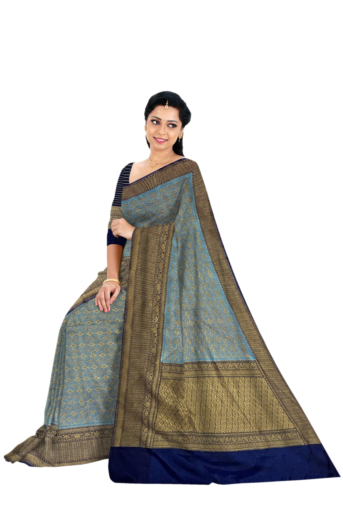 Blue semi tussar banaras sari